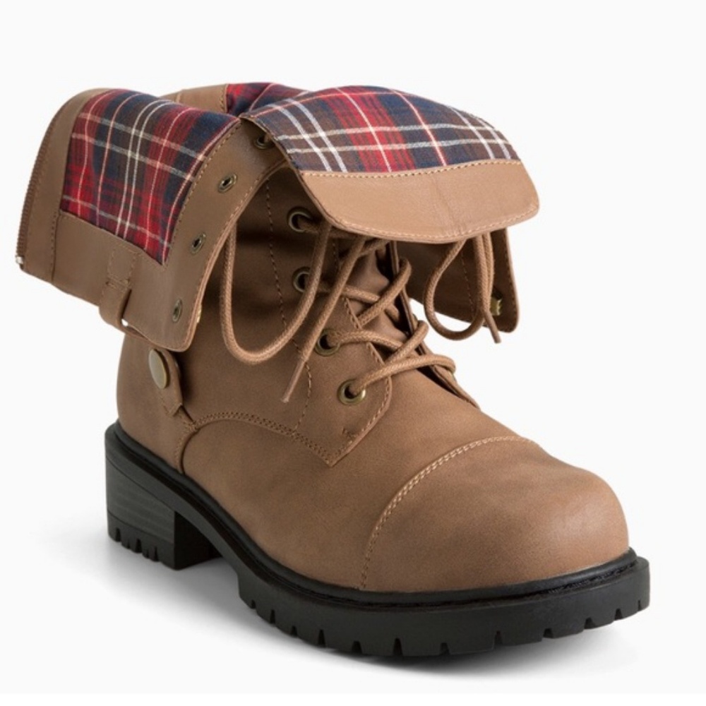 Fold-Over Plaid Combat Boots